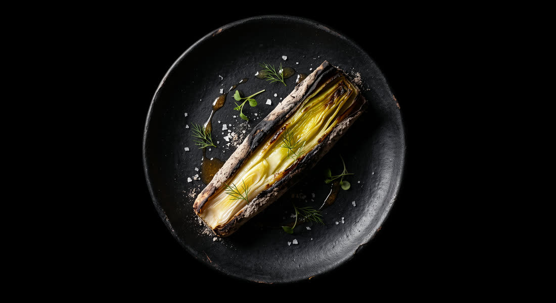 Leek baked whole in ash