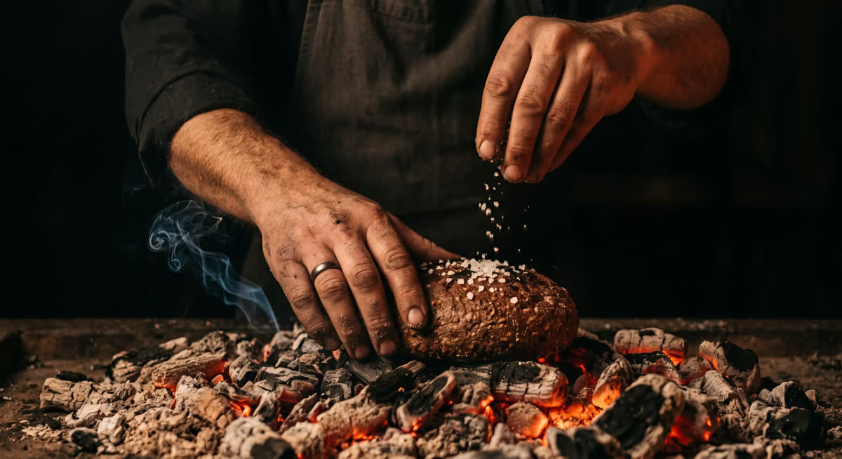 The chef salting bread over the coals